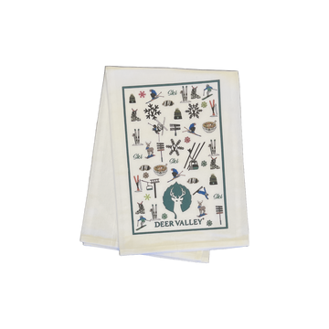 cotton tea towel covered in icons representing deer valley