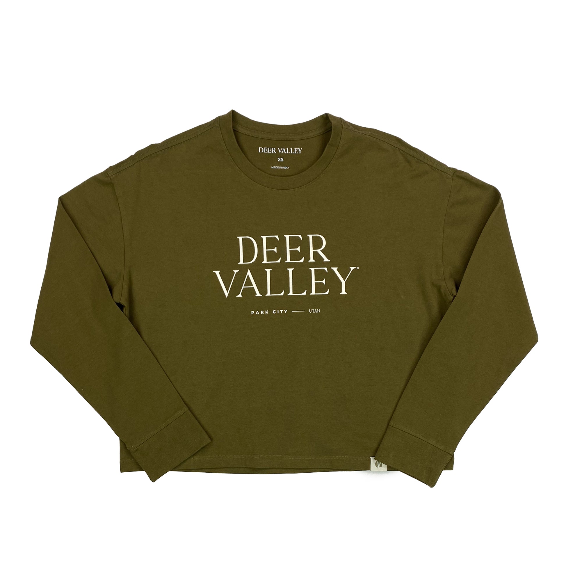 Olive colored womens cropped deer valley long sleeve t shirt