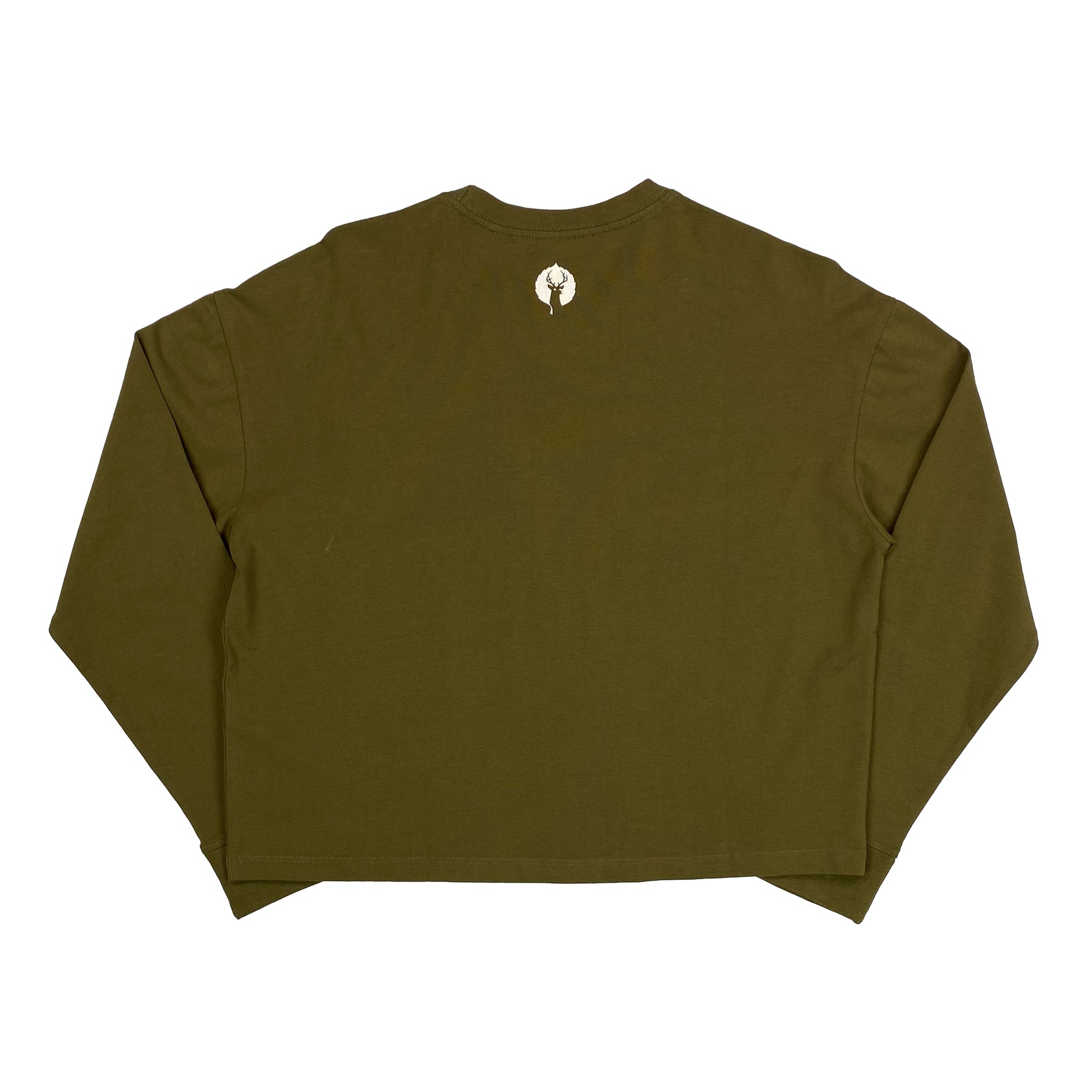 back of Olive colored womens cropped deer valley long sleeve t shirt