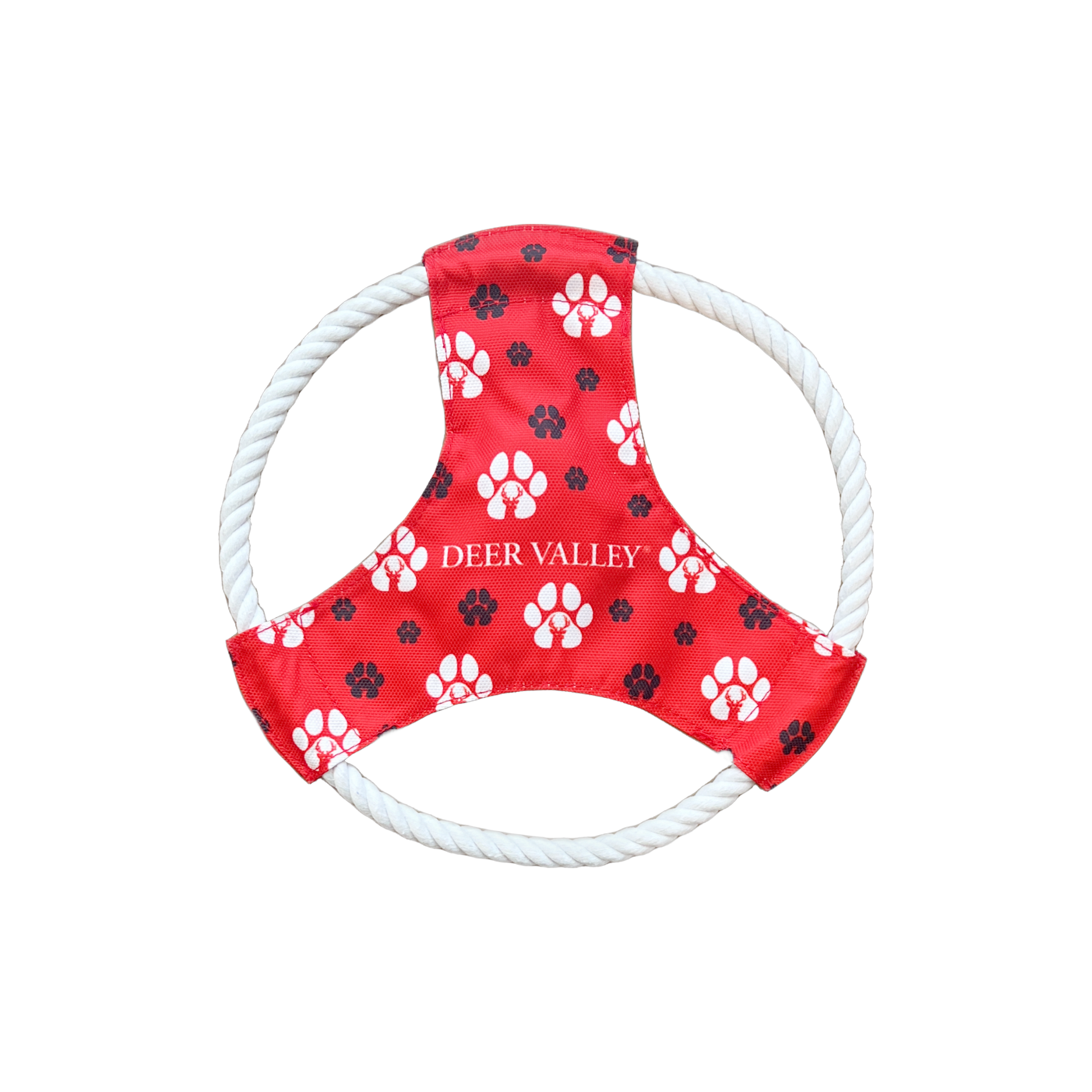 red and white dog paw throwable rope toy with deer valley logo