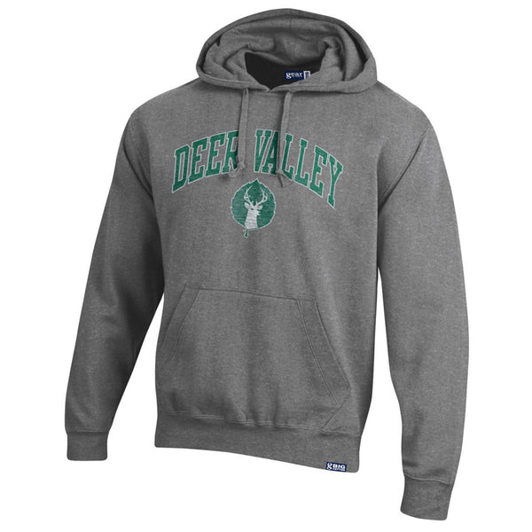 A grey hooded sweatshirt with Deer Valley logo