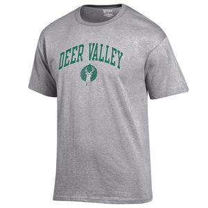 A grey short sleeve t-shirt with arched Deer Valley logo