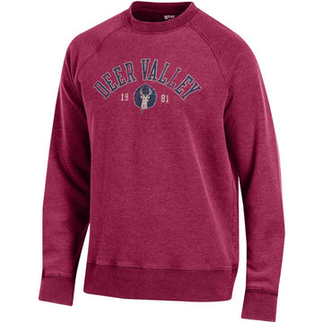 Deer Valley crew neck sweatshirt in dark red with Arched letters 