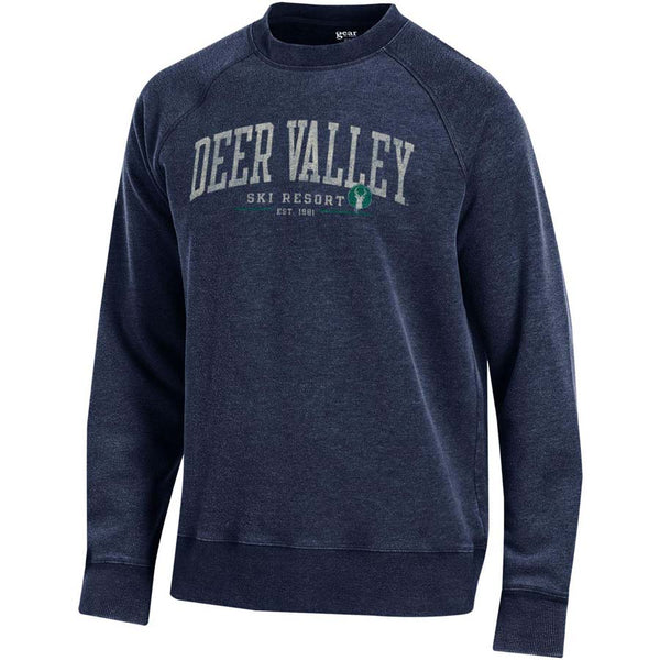 Deer Valley navy crew neck sweatshirt with arched letters