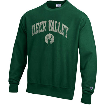 Champion reverse weave dark green crew neck sweatshirt with Deer Valley logo