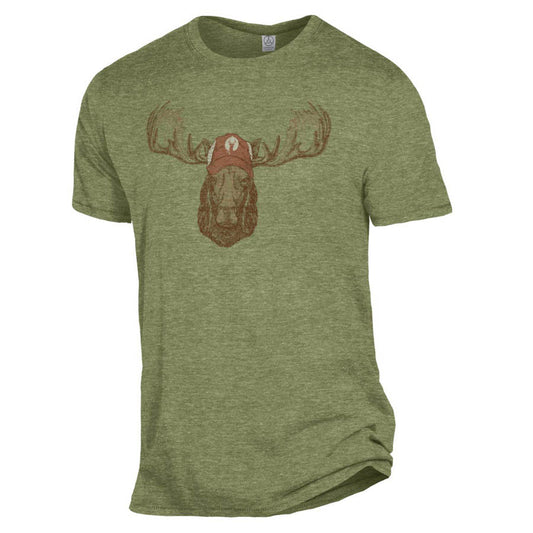 A green t-shirt with a moose wearing a Deer Valley logo ballcap 